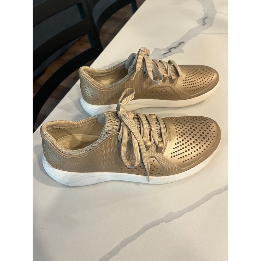 Crocs LiteRide Pacer Gold Metallic Sneakers Women 10 Comfort Lace Up Lightweight - Picture 5 of 9